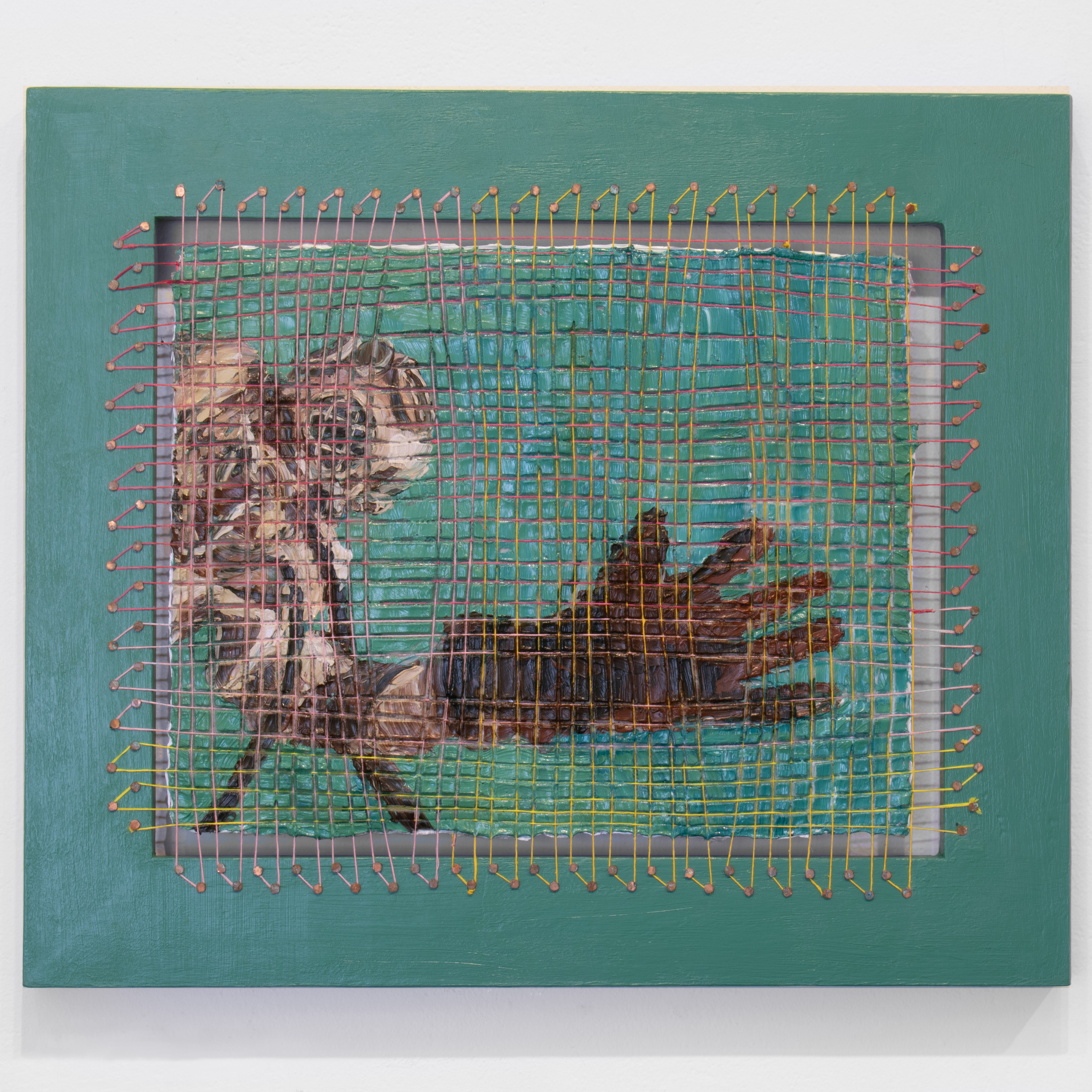 Netting (Diver), 2024, acrylic, embroidery thread, copper tacks, wood, 17 x 20 in.